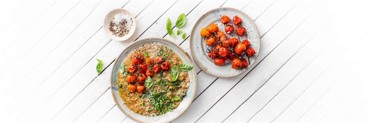 Amaranth 'polenta' with roasted summer tomatoes and garlic