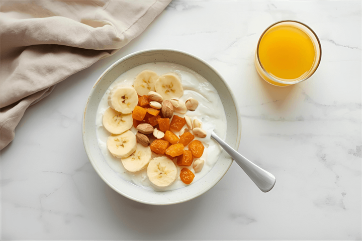 Greek yoghurt bowl with banana, apricots and Brazil nuts