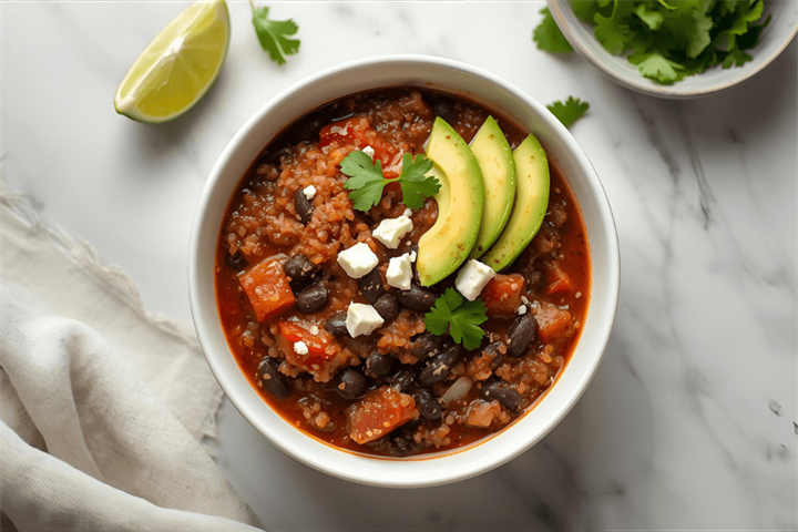 Black bean quinoa chilli with lime and coriander