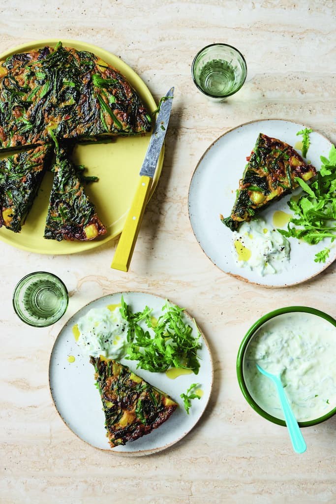 Bombay potato frittata with yoghurt and salad