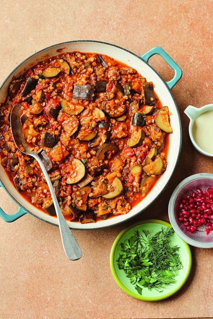 Aubergine and lentil stew with tahini and pomegranate