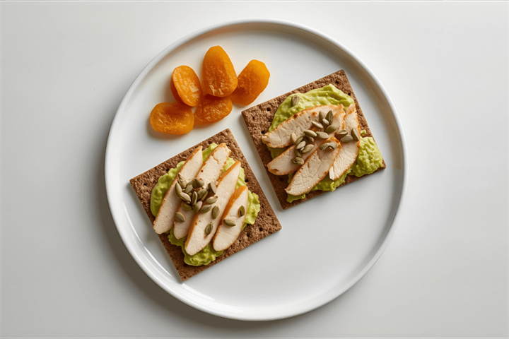 Rye bread with avocado and chicken topped with pumpkin seeds