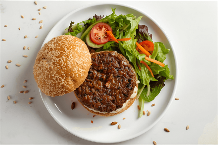 Black bean and miso burger in a wholemeal bun with seeds