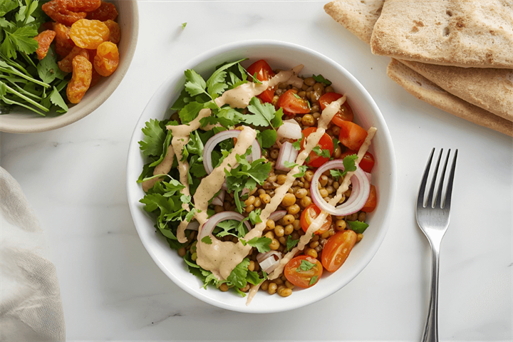 Lentil bowl with tahini dressing and warm pitta