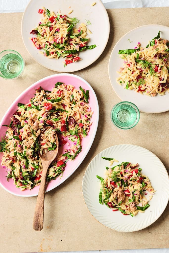 Orzo and tuna salad with roasted pepper and capers