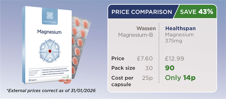 Magnesium 375 price comparison - Save 56%. From just 12p per capsule.