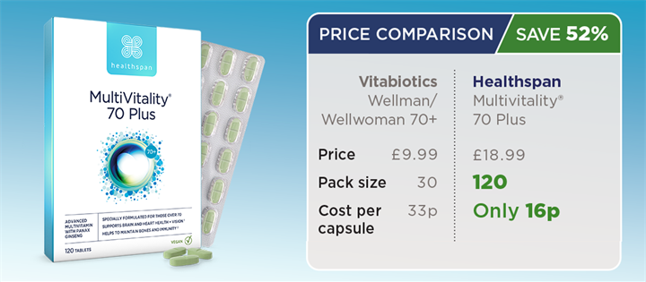 Multivitality 70 Plus price comparison - Save 52%. From just 16p per capsule.