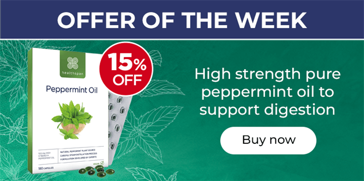 Offer Of The Week - Peppermint Oil. 15% Off. High strength pure peppermint oil to support digestion. Buy now