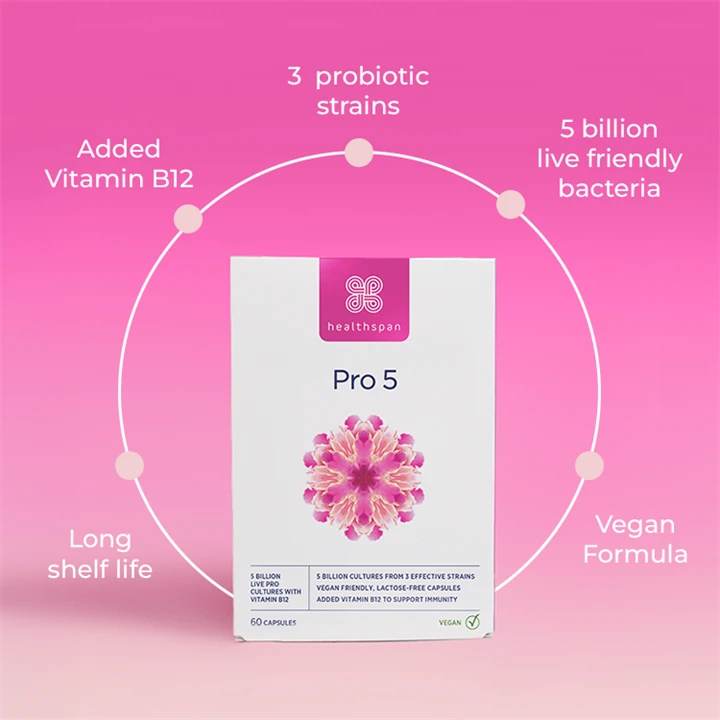 Probiotic 5 Billion - long shelf life, added vitamin B12, 3 probiotic strains, 5 billion live friendly bacteria, vegan formula