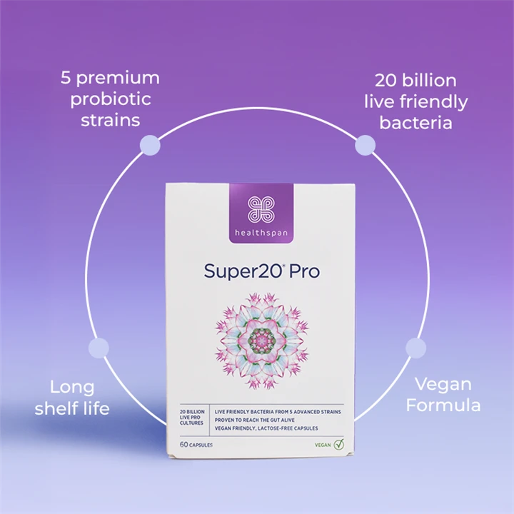 Super20 Probiotic - long shelf life, 5 premium probiotic strains, 20 billion live friendly bacteria, vegan formula