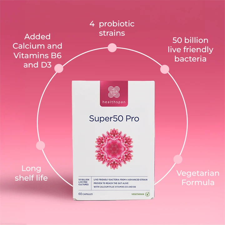 Super50 Probiotic - long shelf life, added calcium and vitamins B6 and D3, 4 probiotic strains, 50 billion live friendly bacteria, vegetarian formula