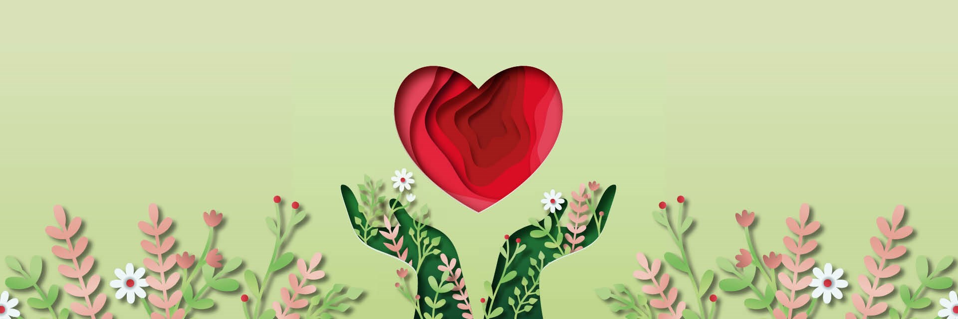 Illustration of two hands made of flowers holding a heart