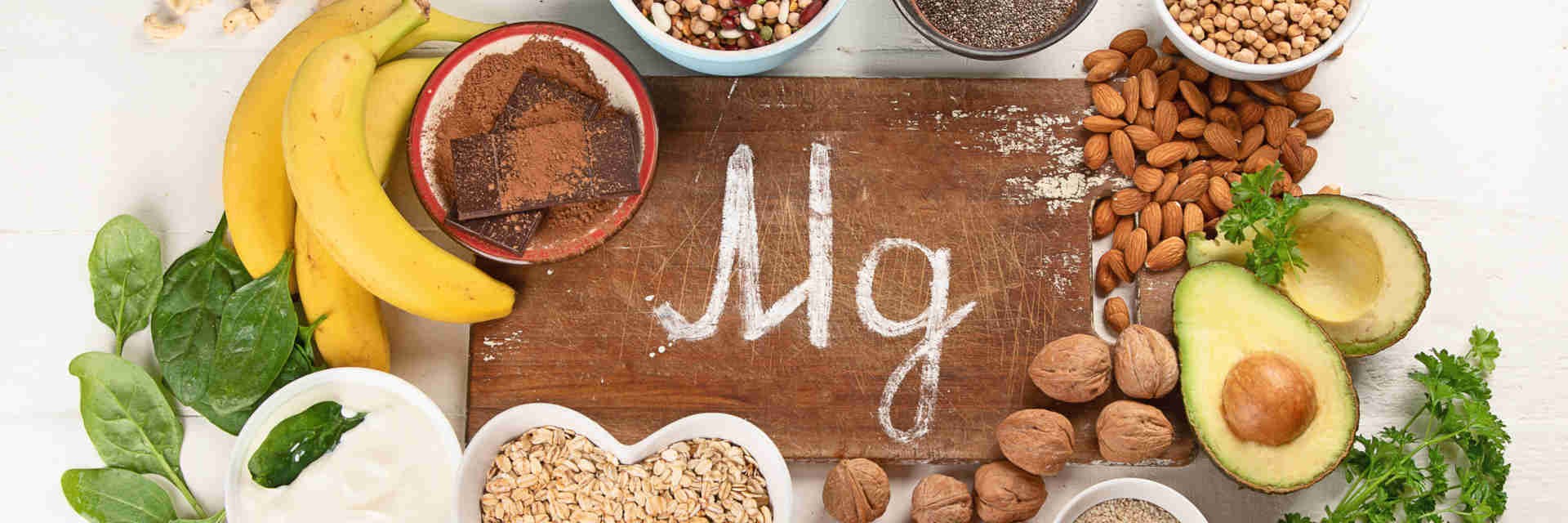 Magnesium-rich foods with chemical symbol for magnesium