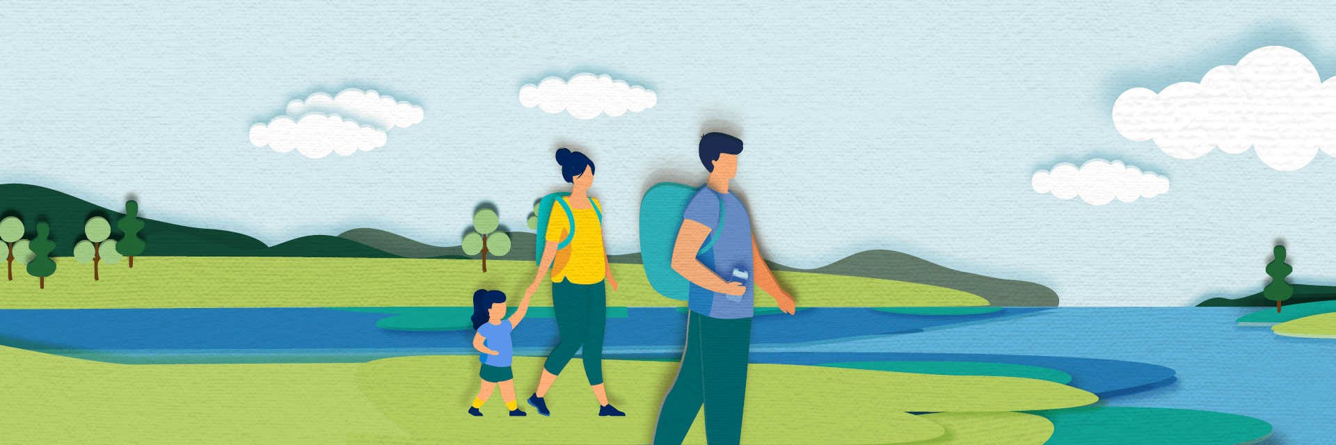 Illustration of a family walking by a river