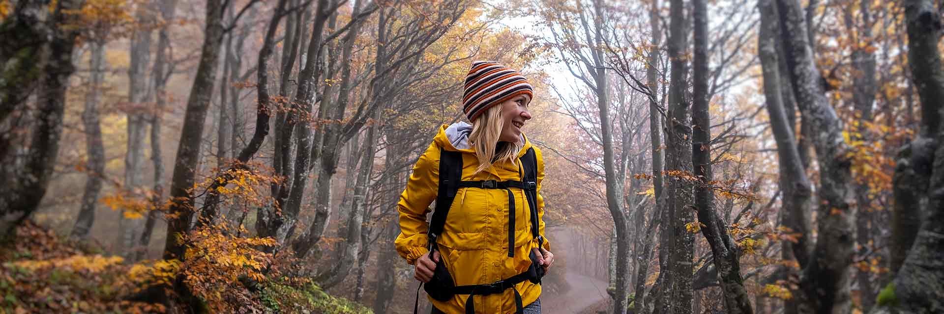 Woman in warm clothes walking in woods