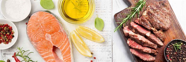 Healthy fish and meats on white background