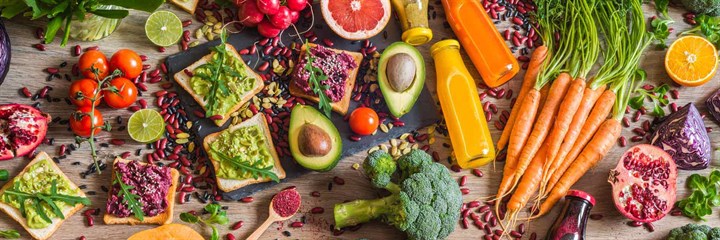 Spread of healthy vegetables, fruit and juices