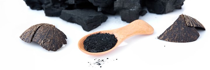 Charcoal bricks and powder in a wooden spoon