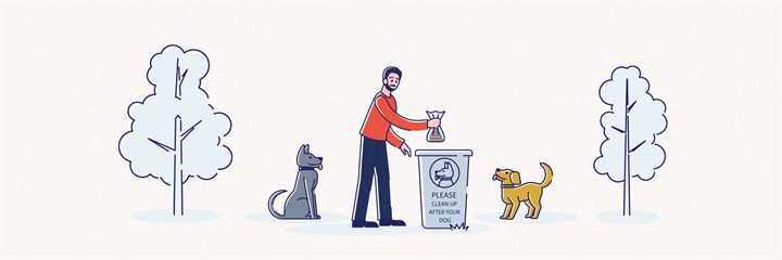 Illustration of a man disposing of dog poo in a bin