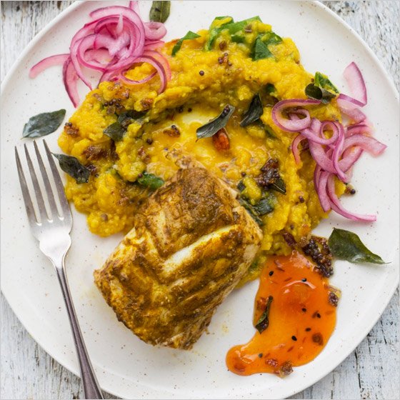 Baked tikka cod and red lentil dhal