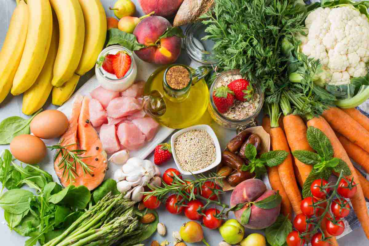 Spread of healthy fruit, vegetables, eggs and meat