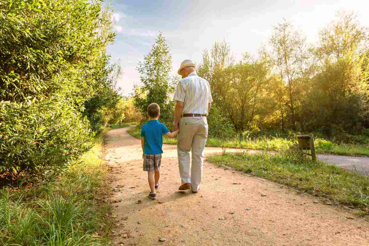 Man walking with his grandson on rural path