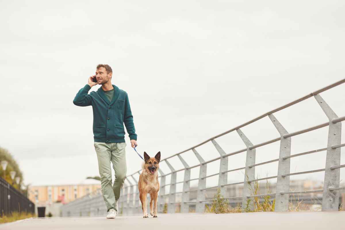 Man talking on the phone while walking his dog
