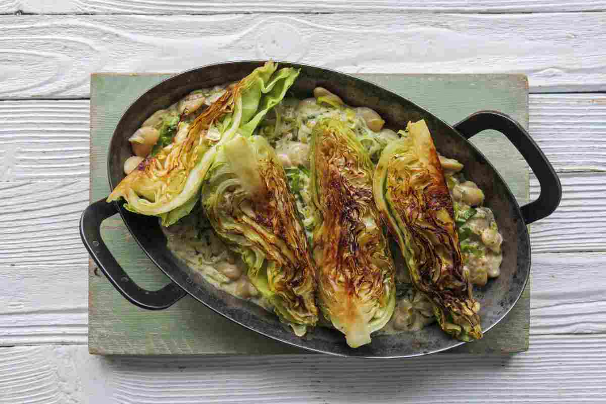 Charred cabbage with creamy butterbeans