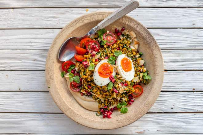 Freekeh 'tabbouleh' with hummus, egg and soft herbs