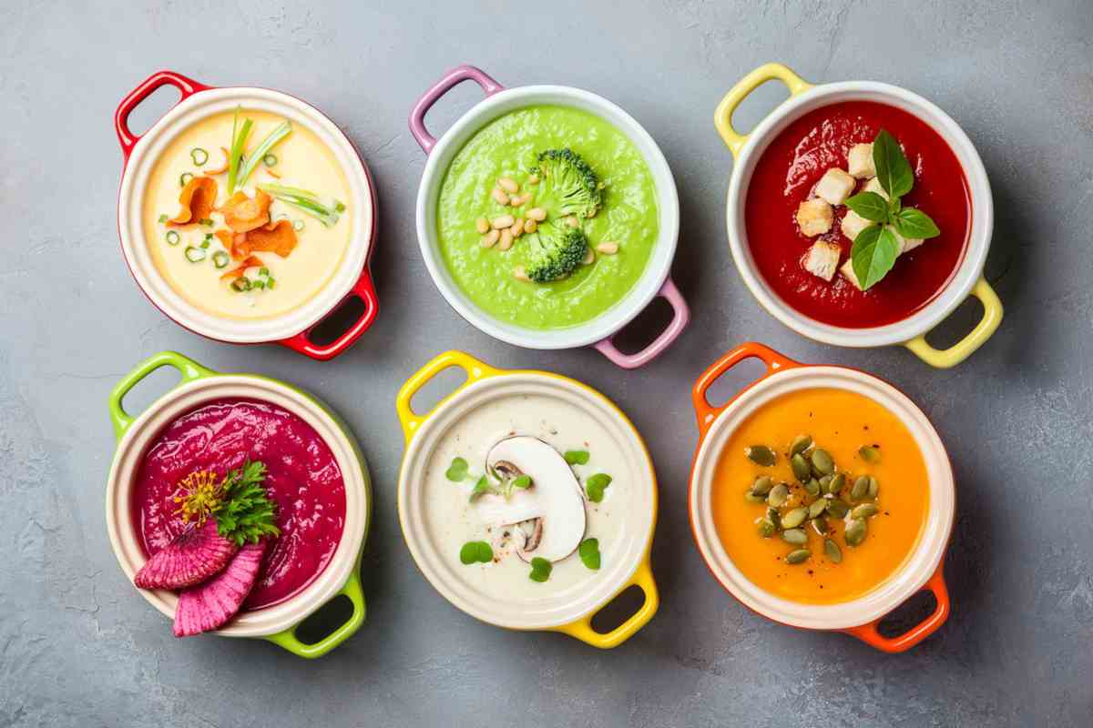Six different soups in bowls