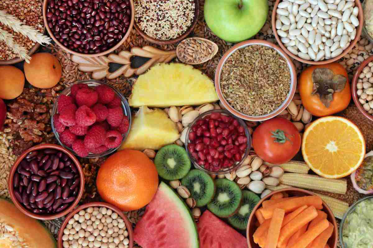 Aerial shot of colourful fruit and wholegrains