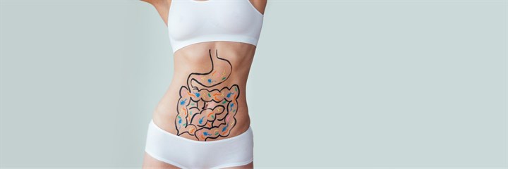 Woman with illustration of gut and microbiota on stomach