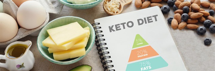 Foods with a book with Keto Diet on the cover
