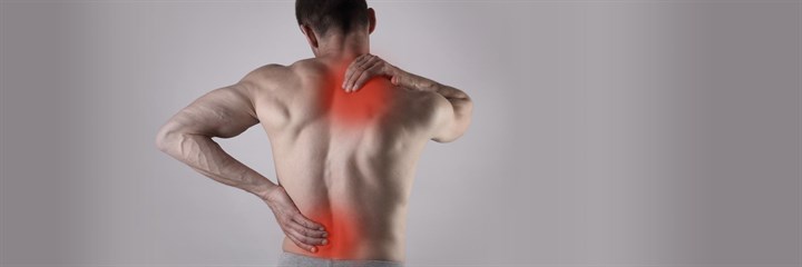 Man's back with red pain spot illustration