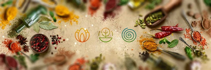Ayurveda symbols on spices background