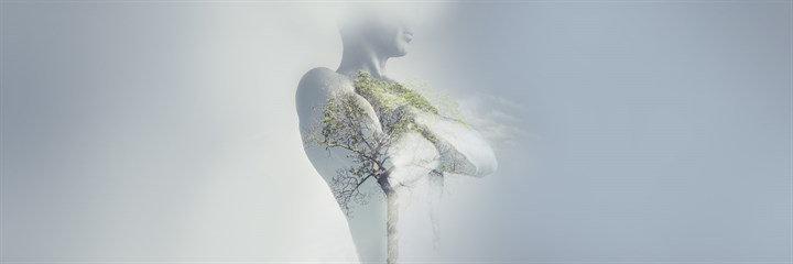 Silhouette of a man holding his chest, with the background image of a tree to signify his lungs